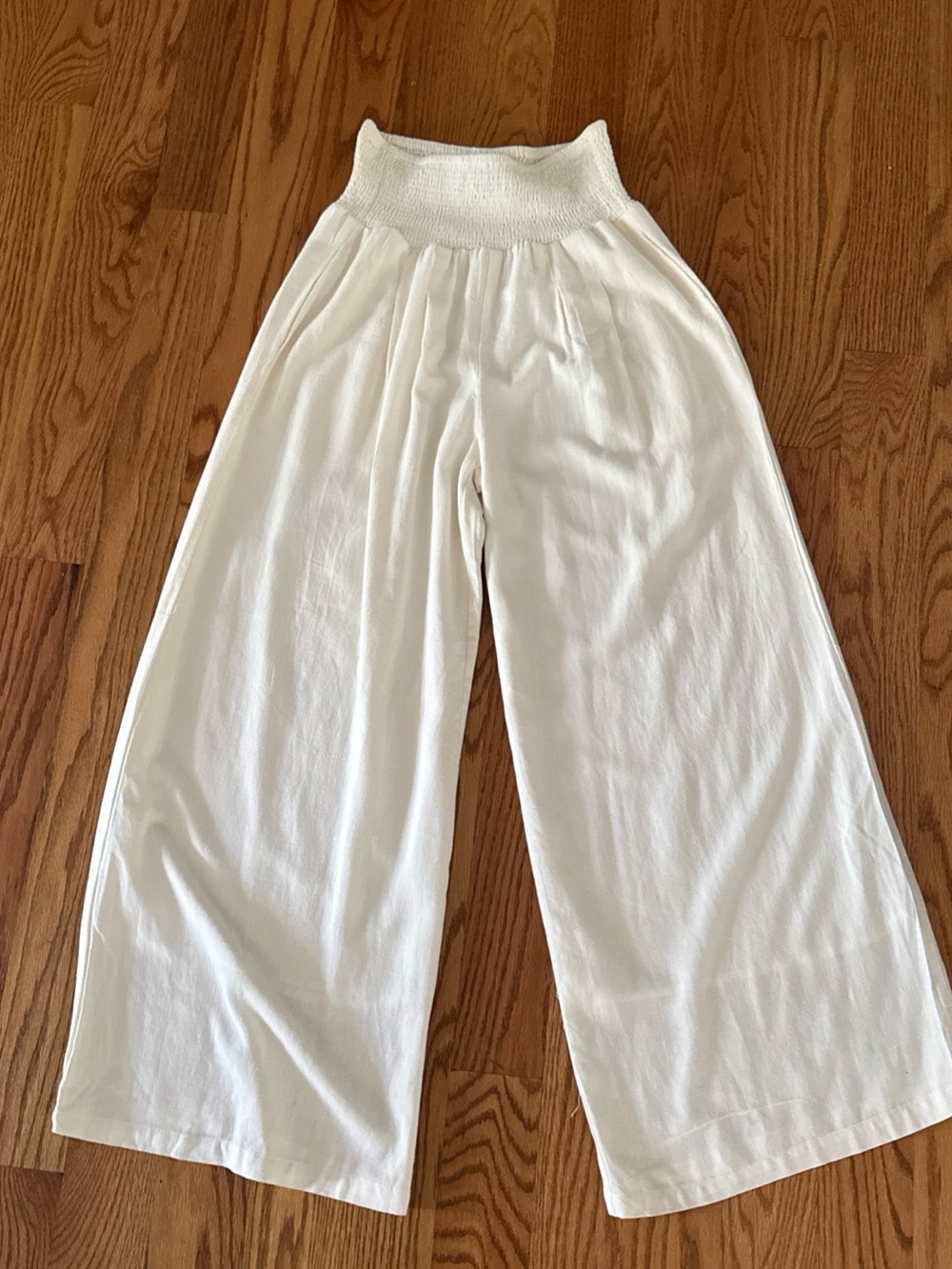 Smocked High-Waist Wide-Leg Pants in White